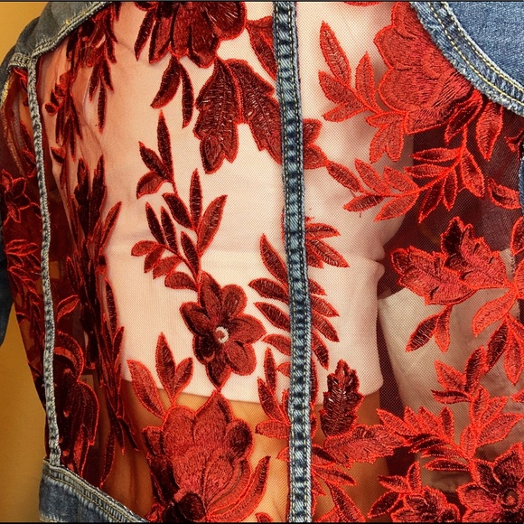 RED FLORAL LACE Patterned Distressed Denim Jacket - Picture 5 of 7